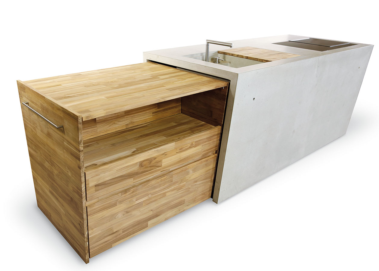 Vollwertige Aussenkochstelle aus Beton und Teak