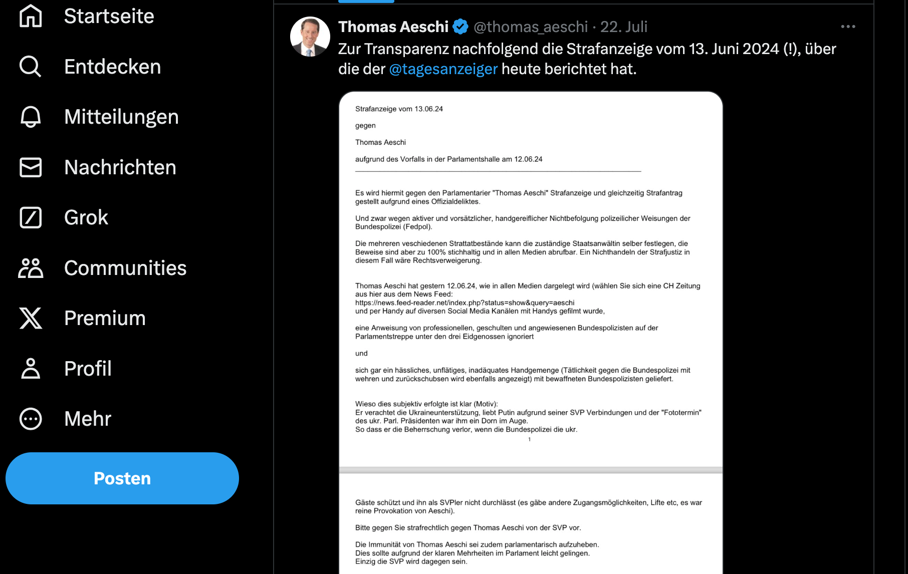 thomas aeschi bundeshaus streit auseinandersetzung handgemenge polizei bundespolizei bundesanwaltschaft verfahren